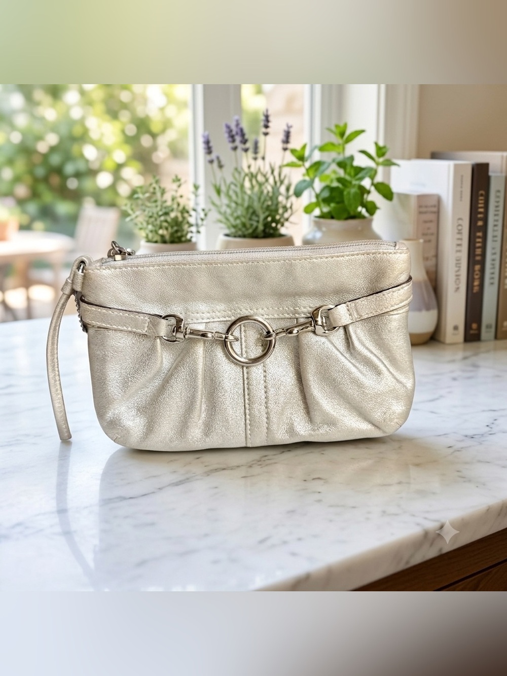 Coach Soho Pleated Metallic Silver/Champagne Leather Wristlet Clutch